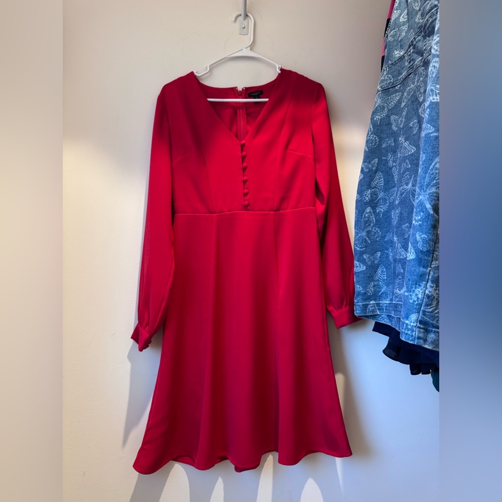 Ann Taylor Red Long-Sleeve V-Neck Dress with Front Buttons